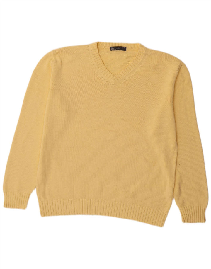 Zara Pull col V pour homme en coton jaune Large