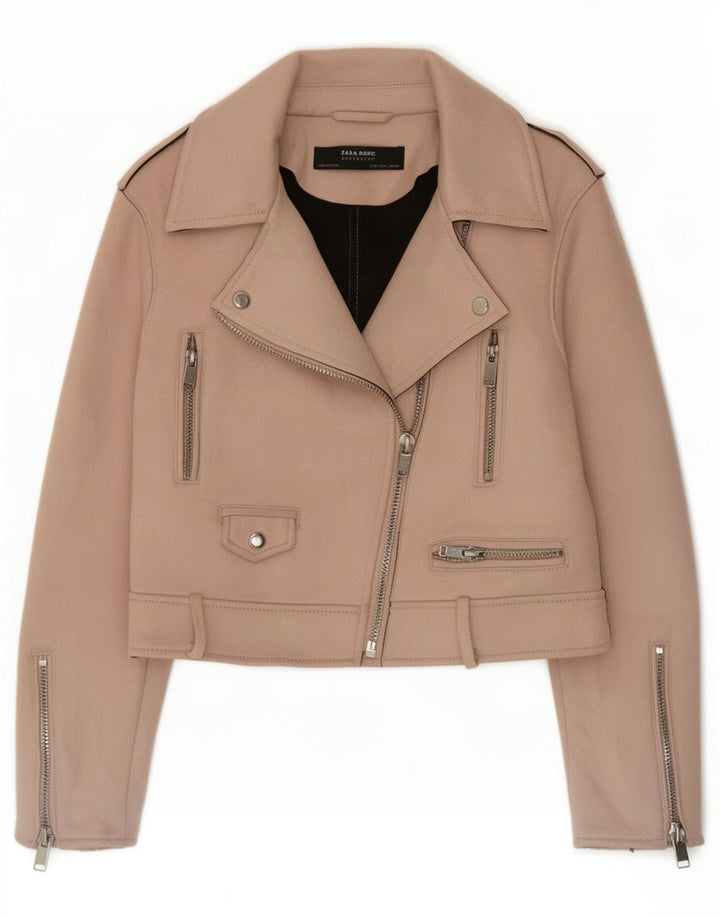 Zara Veste de motard courte pour femme UK 14 Large Rose Polyester