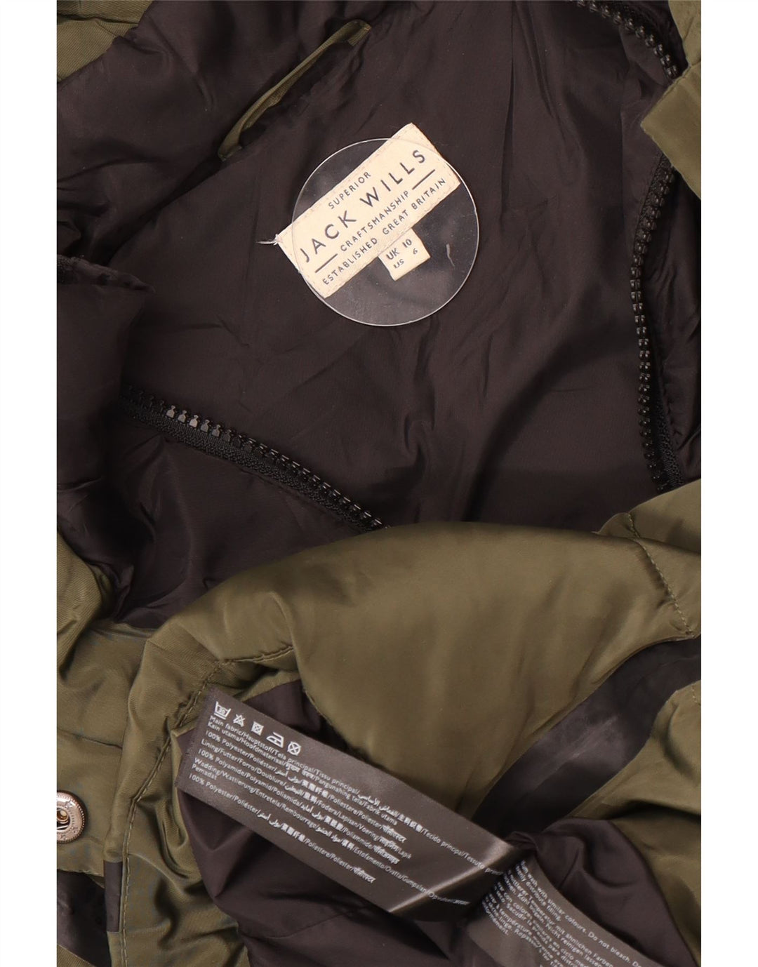 Jack Wills Veste matelassée à capuche pour femme UK 10 Petit polyester rayé kaki
