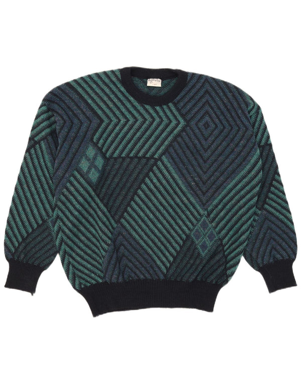 vintage Mens Crew Neck Jumper Sweater IT 52/54 Grand Vert Géométrique