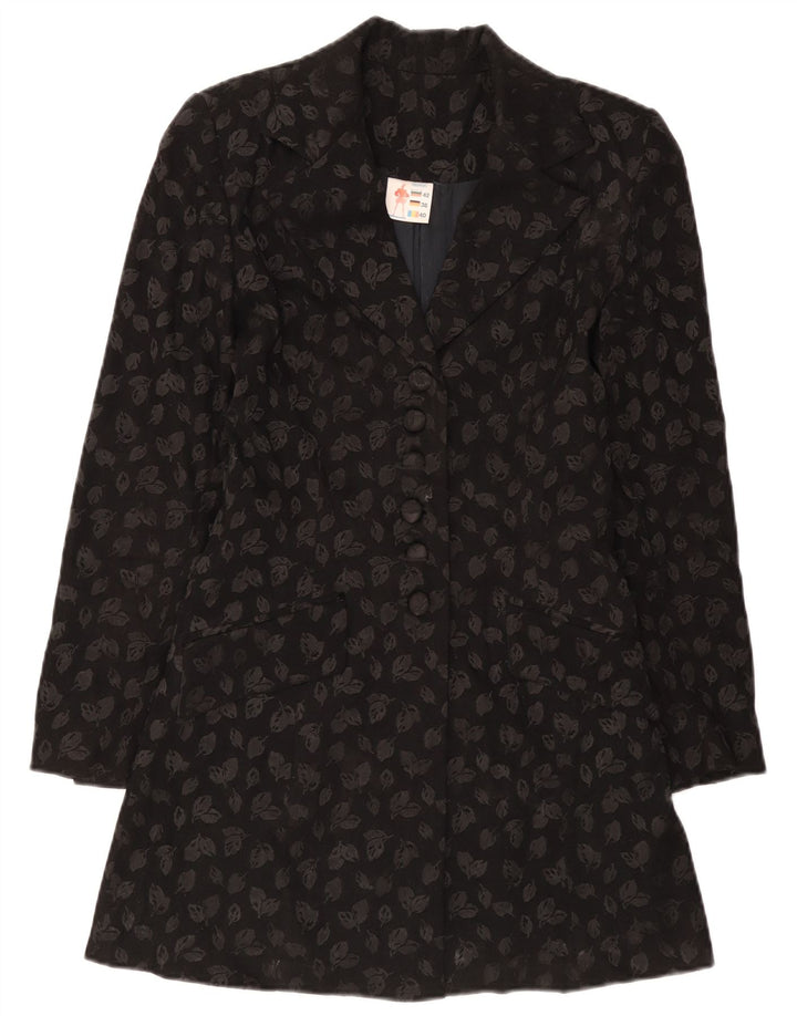 Vintage Femme Longline 6 Bouton Blazer Veste IT 40 Petit Noir Floral