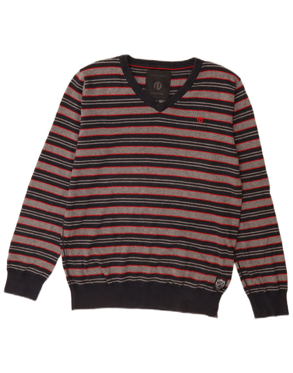 Jack & Jones Pull Col V Homme Gris Moyen Rayé Coton