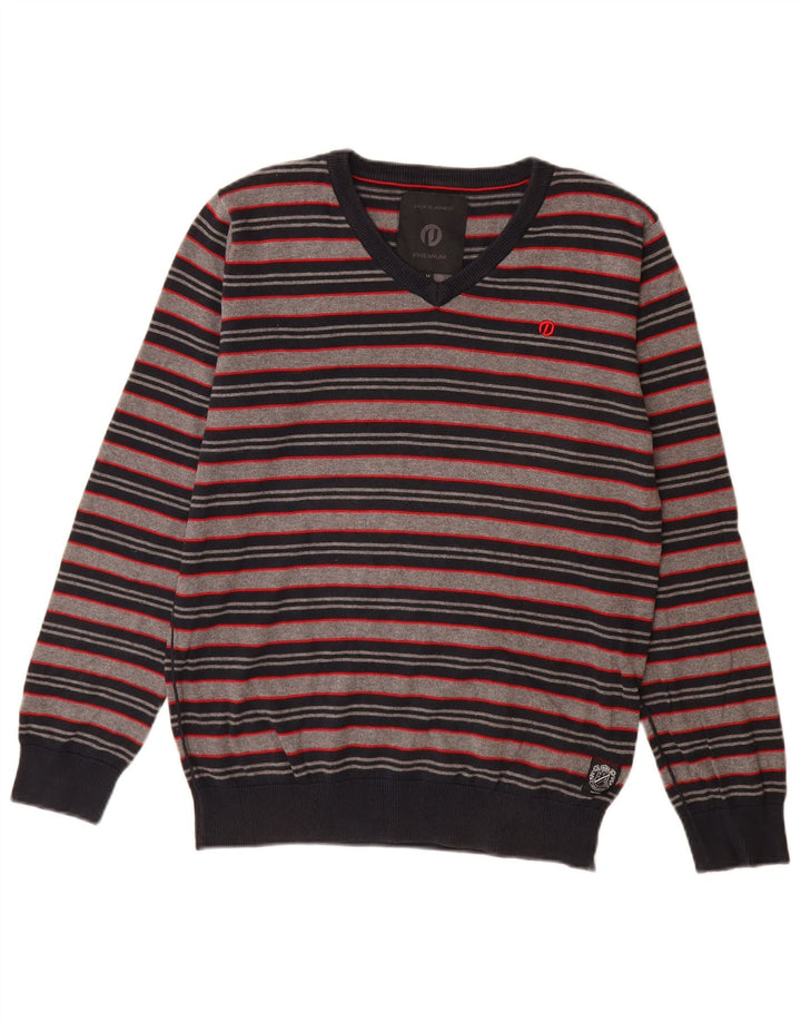 Jack & Jones Pull Col V Homme Gris Moyen Rayé Coton
