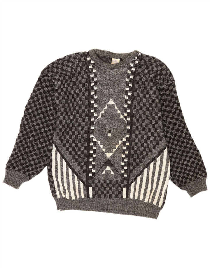 vintage Mens Boat Neck Jumper Pull Moyen Gris Géométrique Acrylique