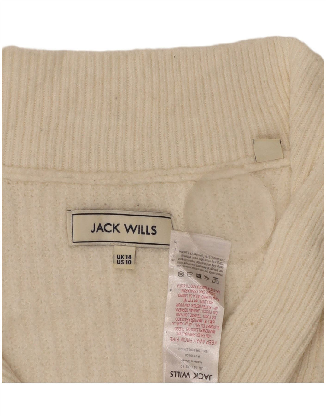 Jack Wills Pull col zippé pour femme UK 14 Grand acrylique blanc cassé