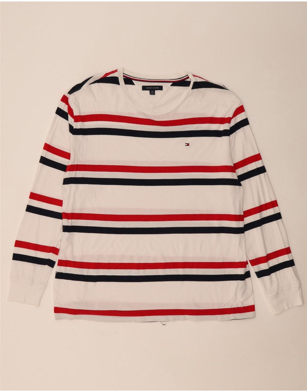 TOMMY HILFIGER Haut Homme Manches Longues XL Blanc Rayé Coton