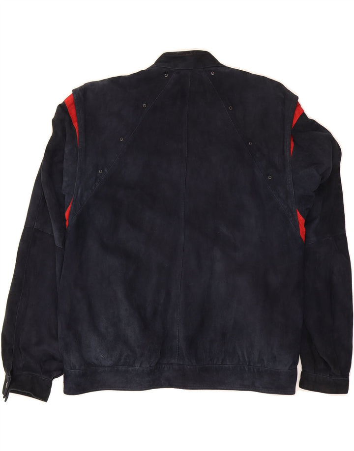 VISCONF Womens Suede Jacket IT 48 XL Navy Blue Colourblock Leather Vintage Visconf and Second-Hand Visconf from Messina Hembry 