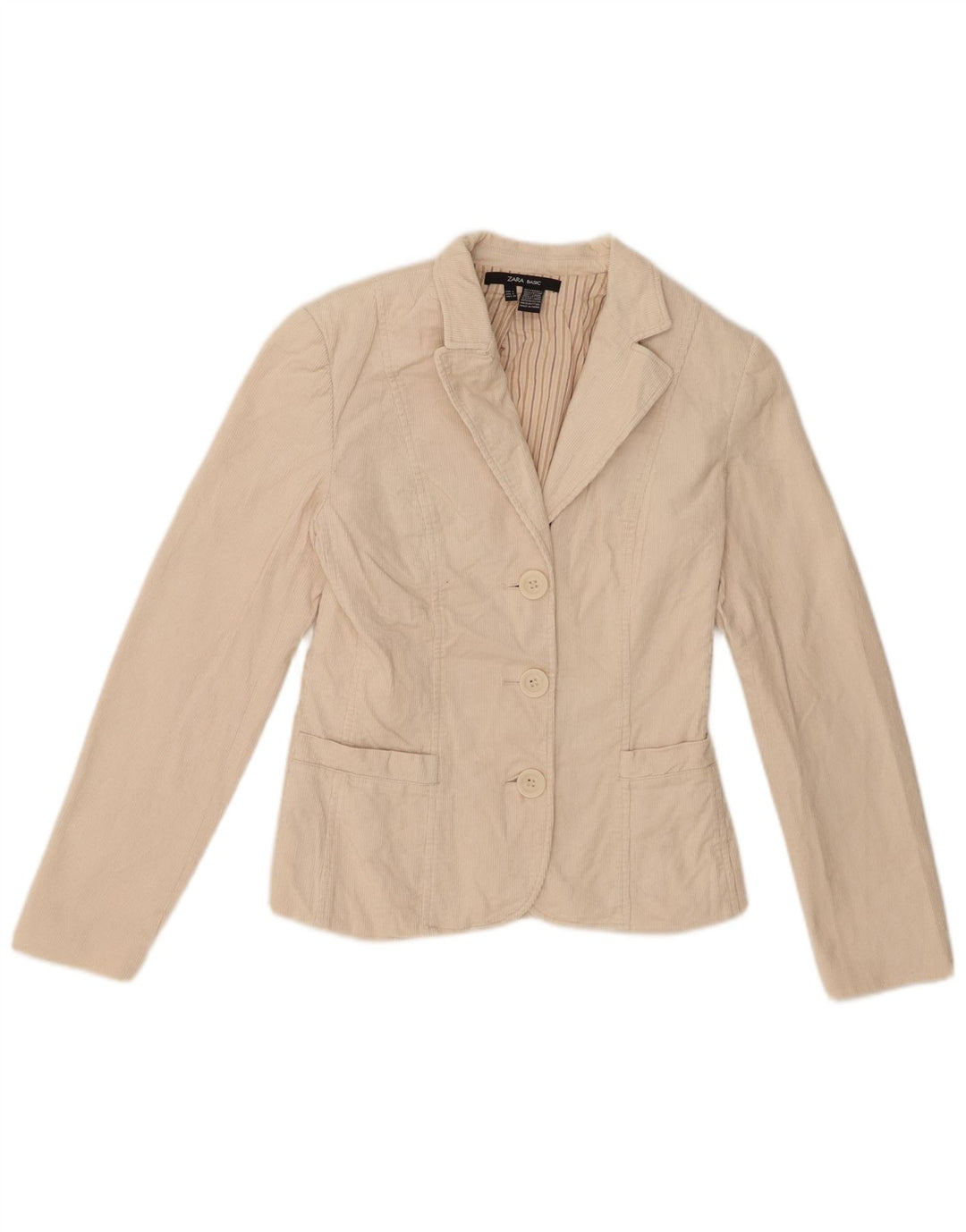 Zara Veste blazer en velours côtelé à 3 boutons pour femme UK 8 Petit coton beige