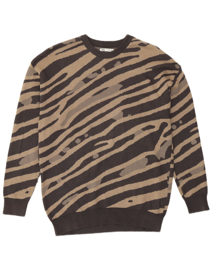 Zara Homme Sweatshirt Jumper Petit Coton Rayé Marron