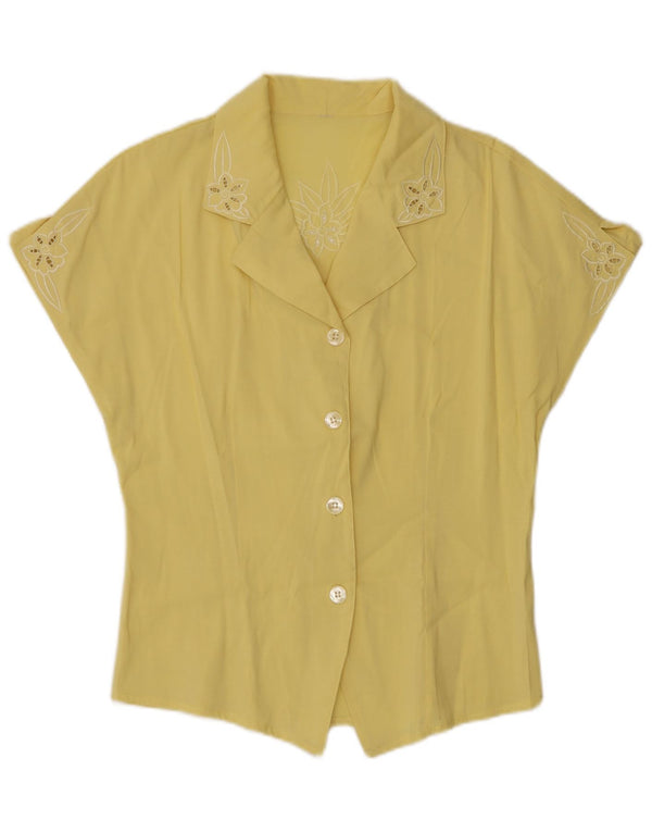 vintage Femmes Graphique Chemise À Manches Courtes Blouse UK 12 Moyen Jaune Floral
