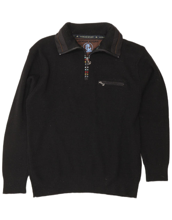 VINTAGE Mens Graphic Zip Neck Jumper Pull Grand Noir Acrylique Nautique
