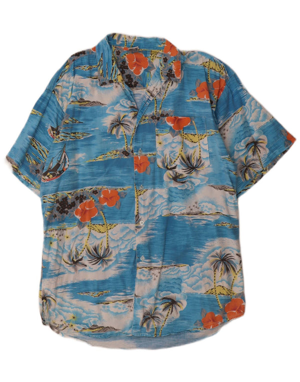 vintage Chemise à manches courtes pour hommes Bleu moyen Coton floral hawaïen