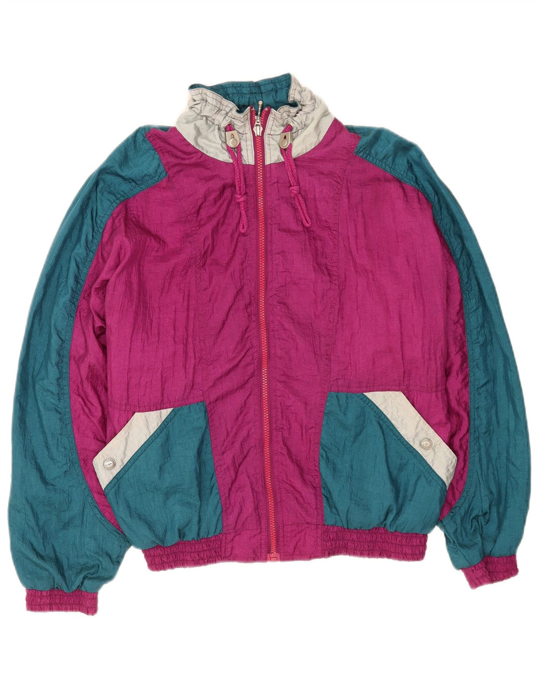 vintage Femmes Surdimensionné Survêtement Top Veste Petit Rose Colourblock Nylon