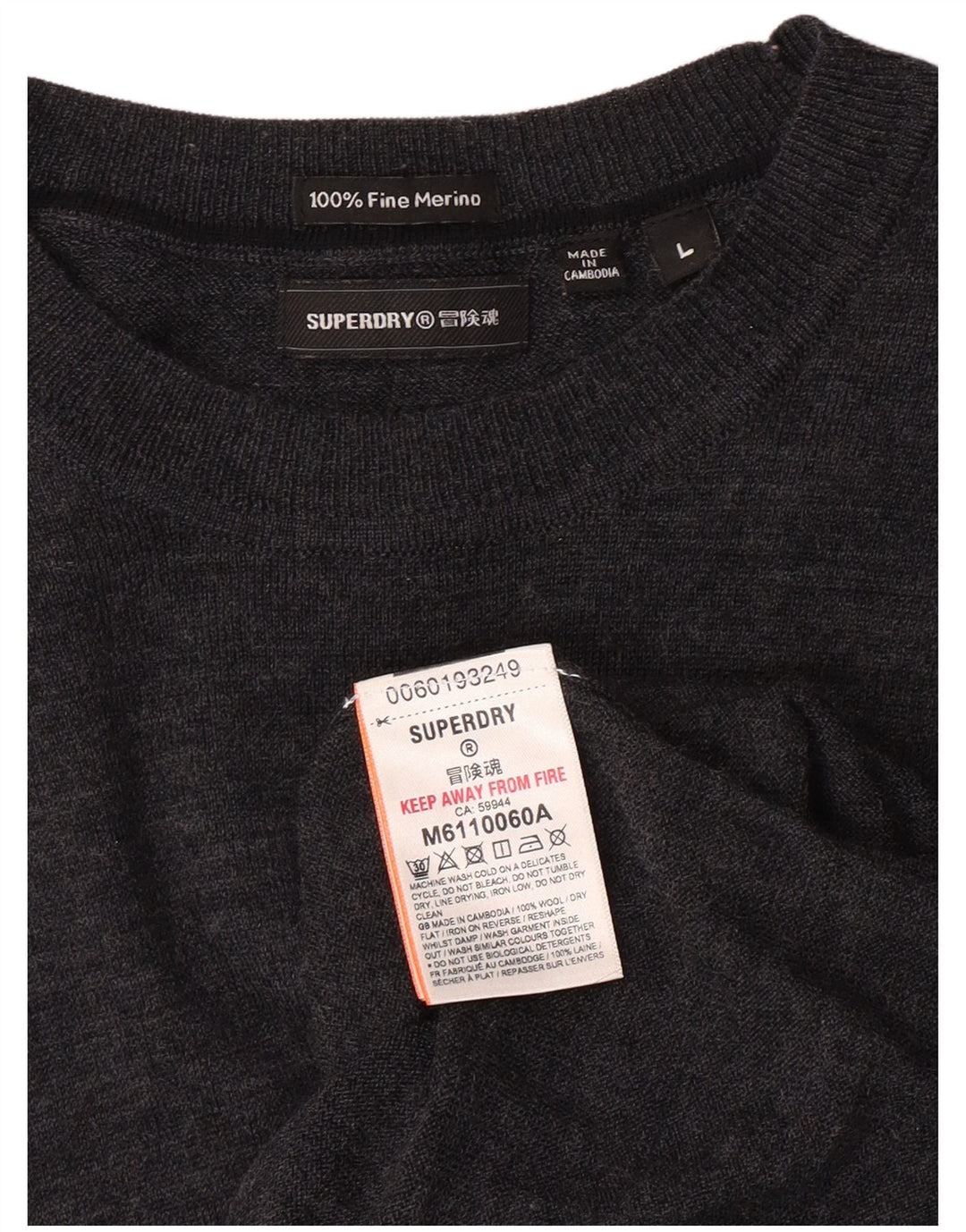 SUPERDRY Pull à col rond pour femme UK 14 Large Gris Laine mérinos