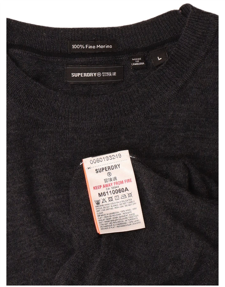 SUPERDRY Pull à col rond pour femme UK 14 Large Gris Laine mérinos