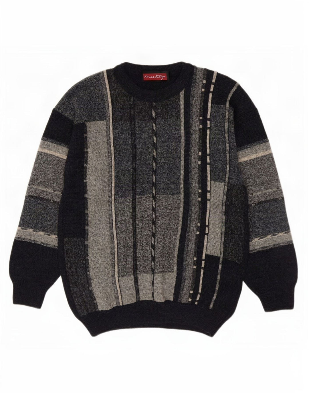vintage Mens Crew Neck Jumper Pull Moyen Bleu Marine Colorblock Acrylique