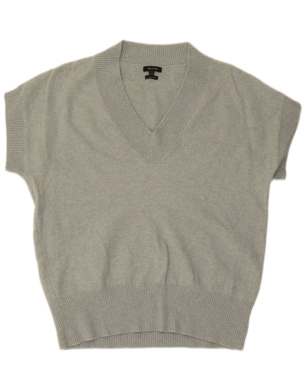 Massimo Dutti Womens Short Sleeve V-Neck Jumper Sweater UK 14 Medium Green