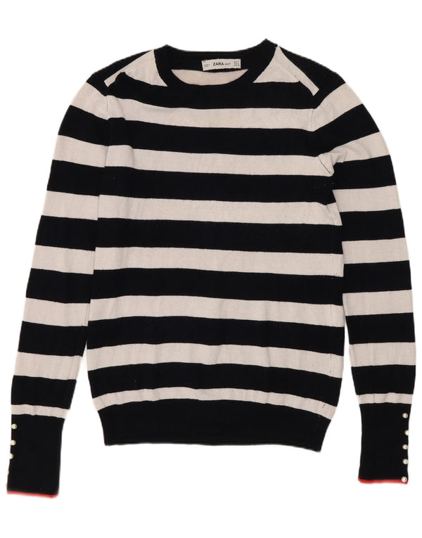 Zara Womens Boat Neck Jumper Sweater UK 12 Medium Black Striped Viscose