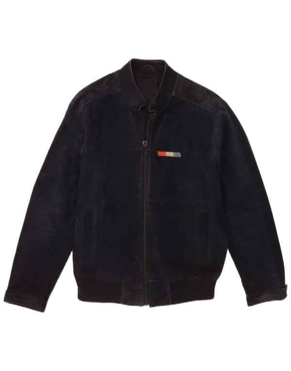 VINTAGE Veste Bomber En Daim Homme IT 50 Grand Cuir Bleu Marine