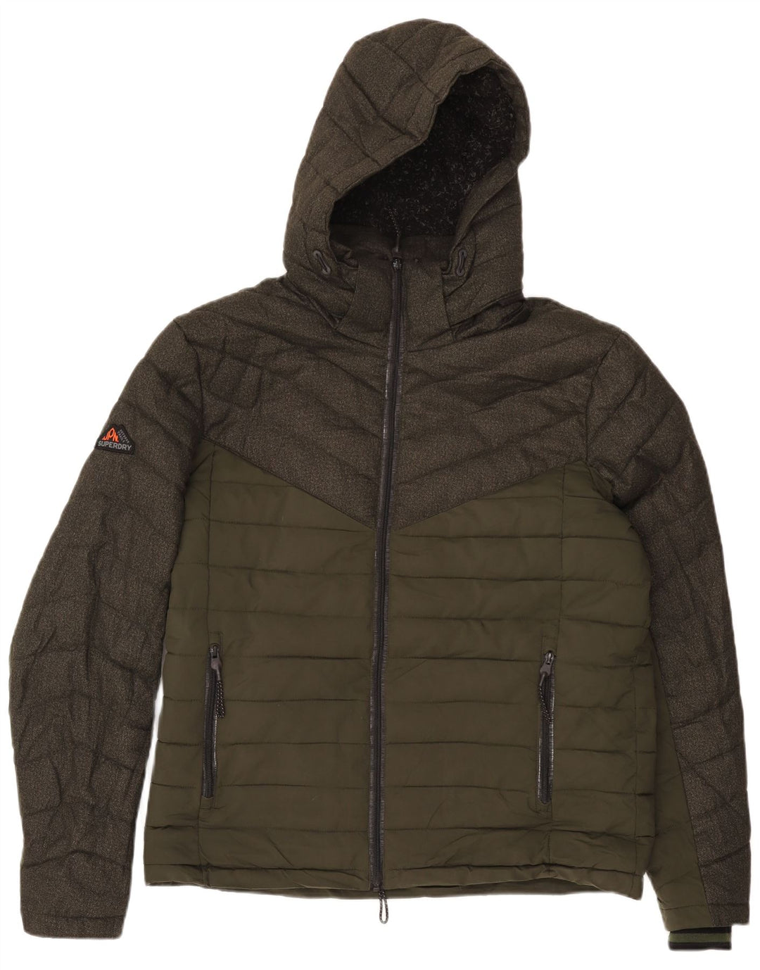 SUPERDRY Veste matelassée à capuche pour hommes UK 42 XL Kaki Colourblock Polyester