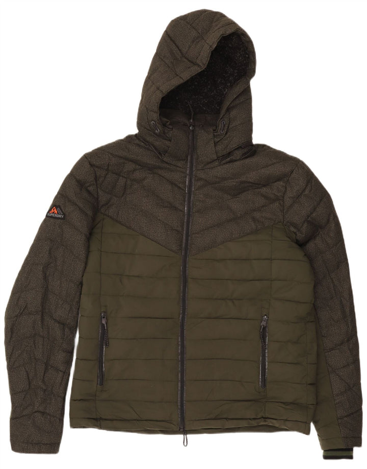 SUPERDRY Veste matelassée à capuche pour hommes UK 42 XL Kaki Colourblock Polyester