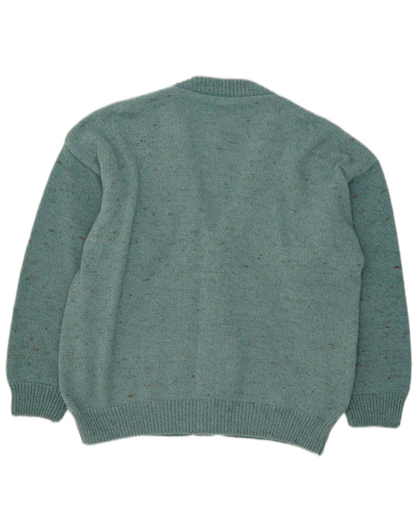 vintage Womens Cardigan Sweater UK 16 Grande laine géométrique turquoise
