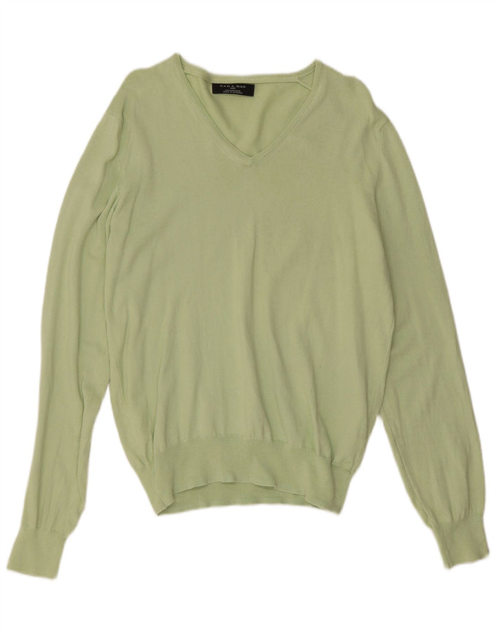Zara Pull Col V Homme Vert Moyen Coton