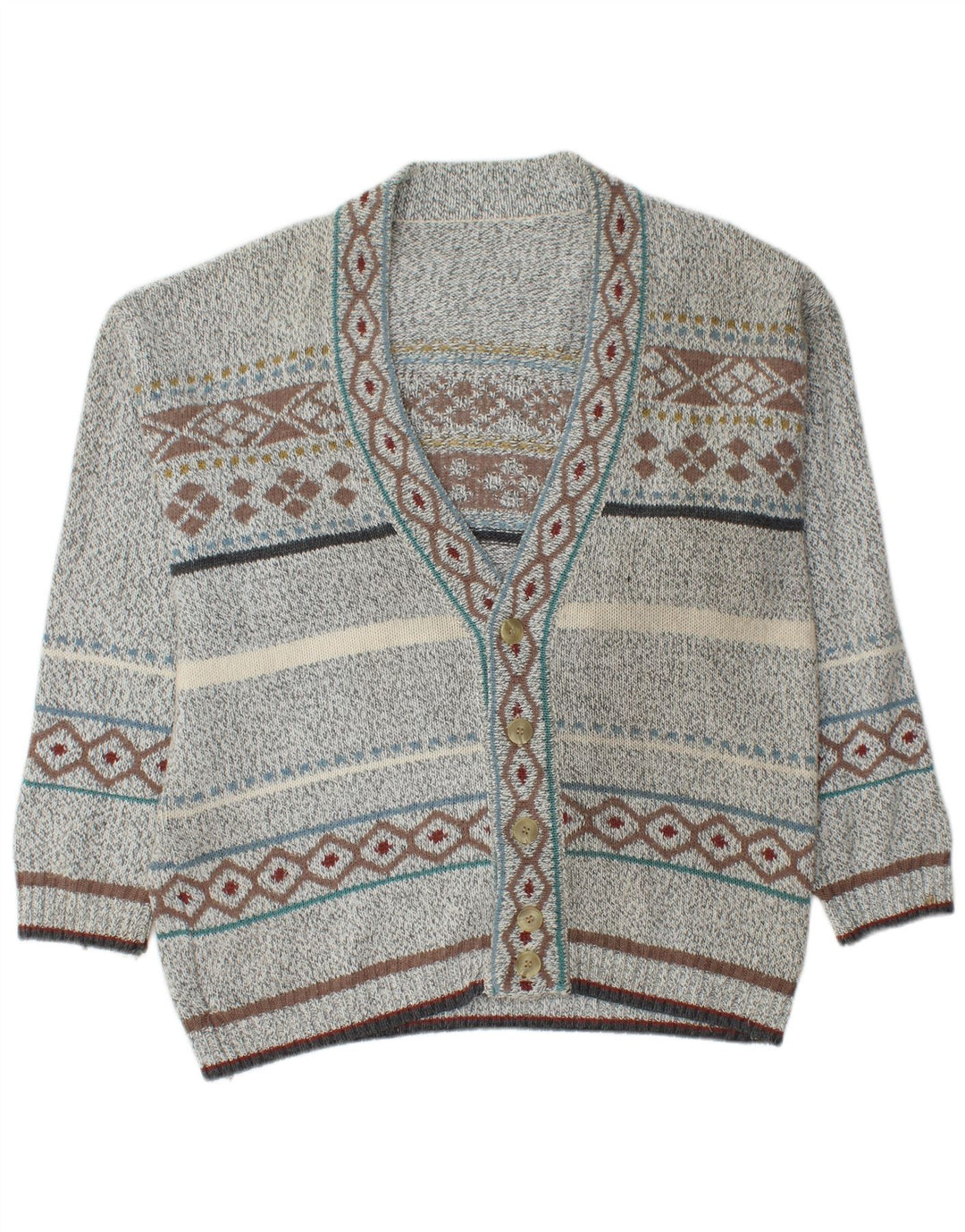 VINTAGE Pull Cardigan Homme Gris Moyen Fair Isle