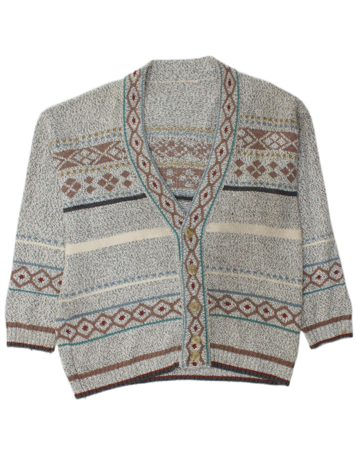 VINTAGE Pull Cardigan Homme Gris Moyen Fair Isle