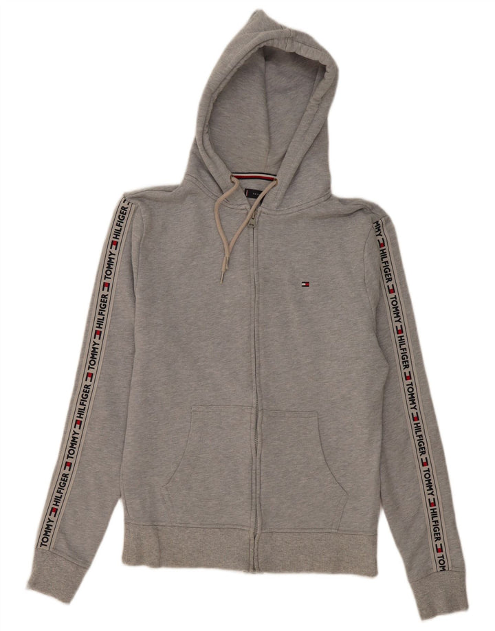 TOMMY HILFIGER Pull à capuche zippé graphique pour homme Petit coton gris