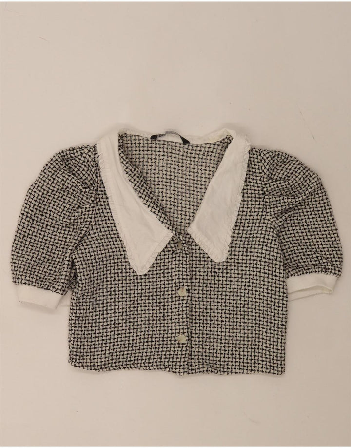 Zara Womens Crop Shirt Blouse UK 12 Moyen Noir Moucheté