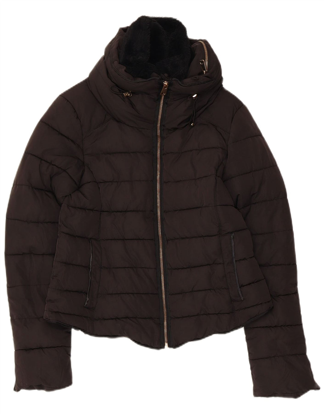 Zara Veste matelassée à capuche pour femme UK 10 Small Noir Polyester