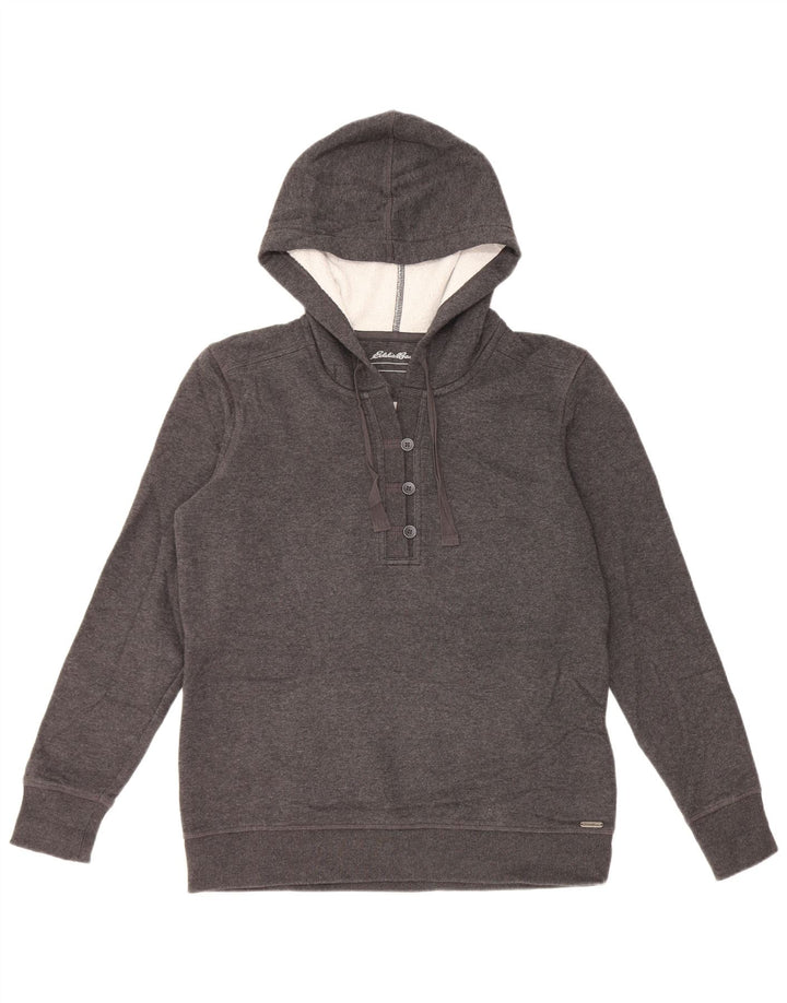 EDDIE BAUER Pull à capuche à col boutonné pour femme UK 14 Gris moyen Coton