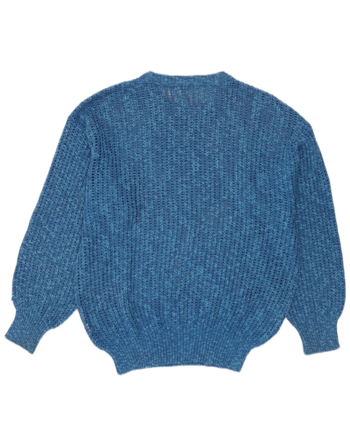 VINTAGE Pull col rond homme en coton moucheté bleu moyen