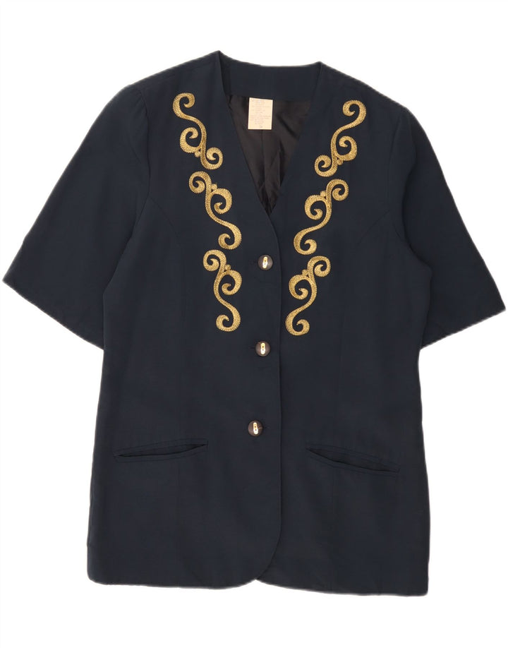 VINTAGE Femme Manches Courtes 3 Bouton Blazer Veste EU 38 Bleu Marine Moyen