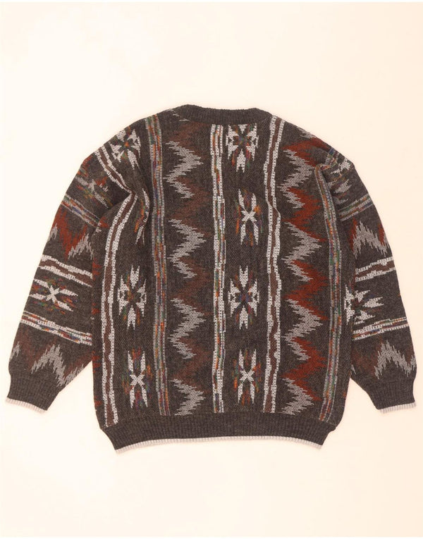 vintage Mens Crew Neck Jumper Pull Moyen Gris Géométrique