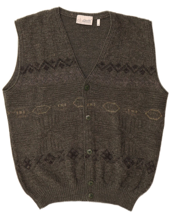 vintage Mens Cardigan sans manches Pull Moyen Kaki Géométrique Acrylique