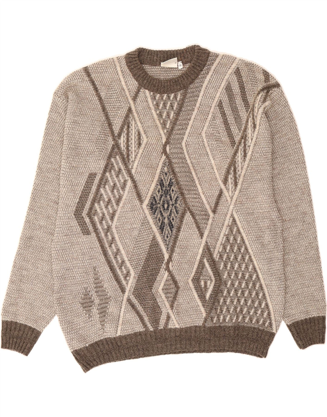 CASTELLO Mens Crew Neck Jumper Sweater IT 58 2XL Grey Argyle/Diamond Wool Vintage Castello and Second-Hand Castello from Messina Hembry 