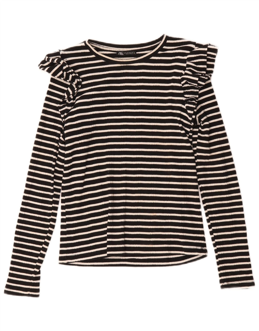 Zara Femme Top Manches Longues UK 12 Medium Noir Rayé