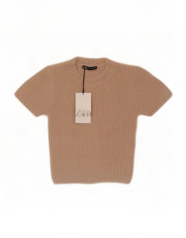 Zara Pull court à manches courtes et col rond pour femme UK 8 Small Beige