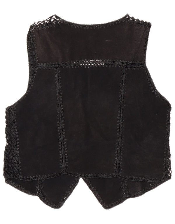 vintage Womens Crop Suede Gilet UK 14 Moyen Noir Patchwork