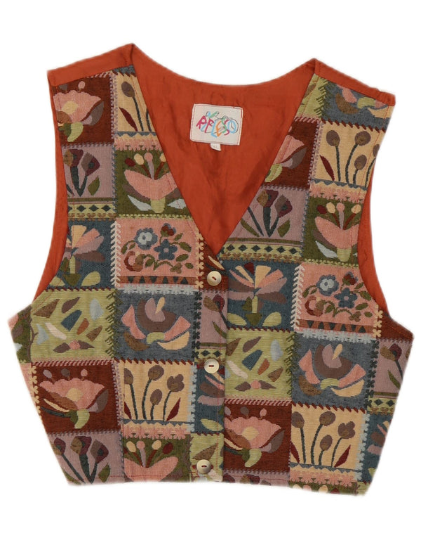 vintage Womens Crop Gilet UK 18 XL Multicolore Patchwork Acétate