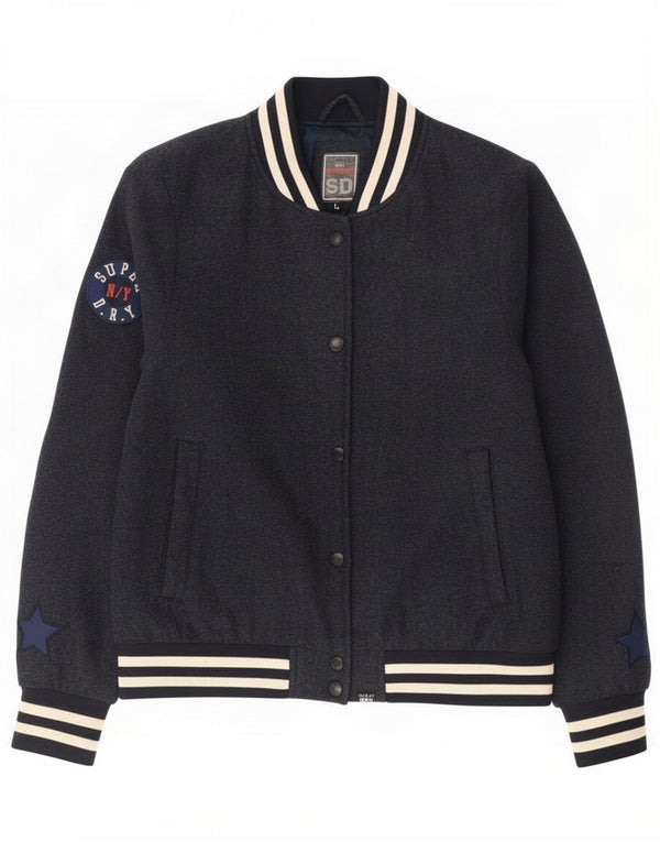 Superdry Veste Varsity Femme UK 16 Large Bleu Marine Laine