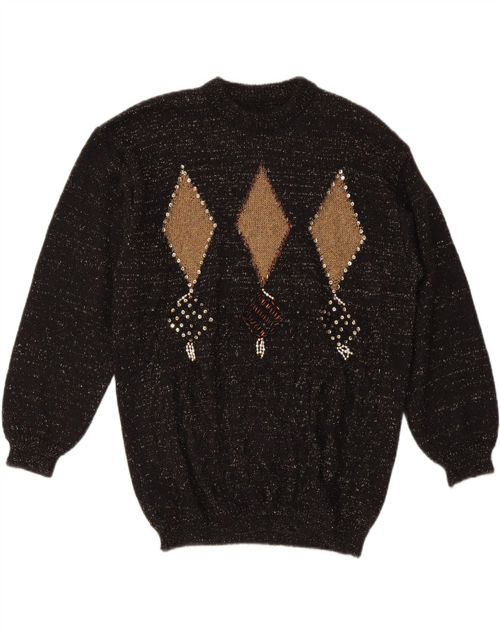 VINTAGE Femme Crew Neck Jumper Pull UK 14 Moyen Noir Argyle/Diamant