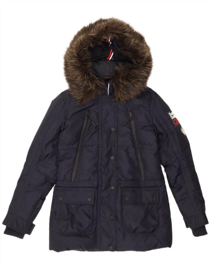 Superdry Veste matelassée à capuche graphique pour femme UK 12 Nylon bleu marine moyen