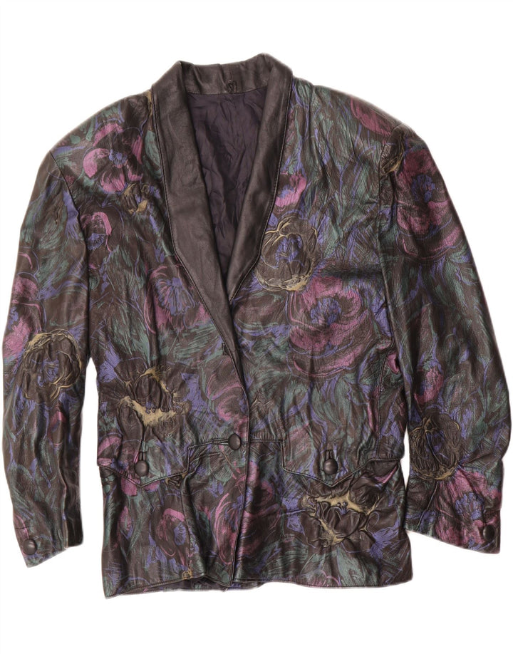 VINTAGE Veste en cuir femme UK 16 Grand cuir floral noir
