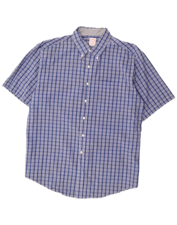 BROOKS BROTHERS Chemise à manches courtes pour homme Coupe classique XL Bleu à carreaux en coton