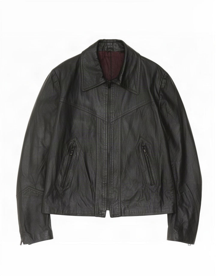 Veste en cuir femme vintage UK 14 Noir Moyen