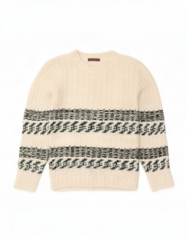 vintage Femme Crew Neck Jumper Pull UK 14 Moyen Blanc Fair Isle Laine