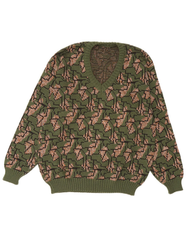 vintage Mens V-Col Jumper Sweater IT 52 Grand Vert Géométrique
